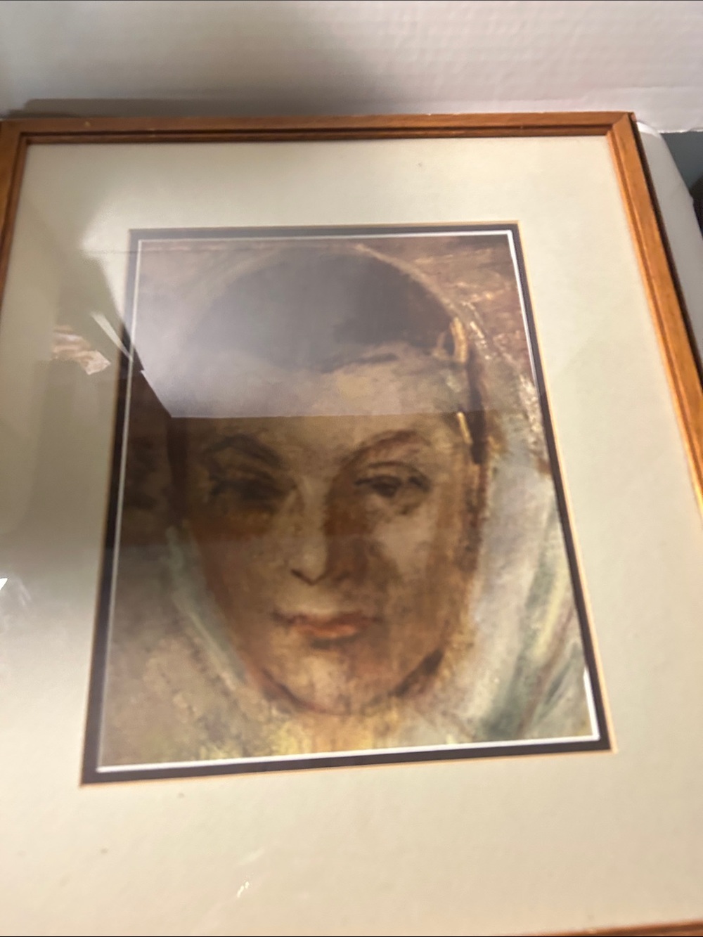 Framed Home Art Portrait Print in Neutral Tones Lady in head scarf